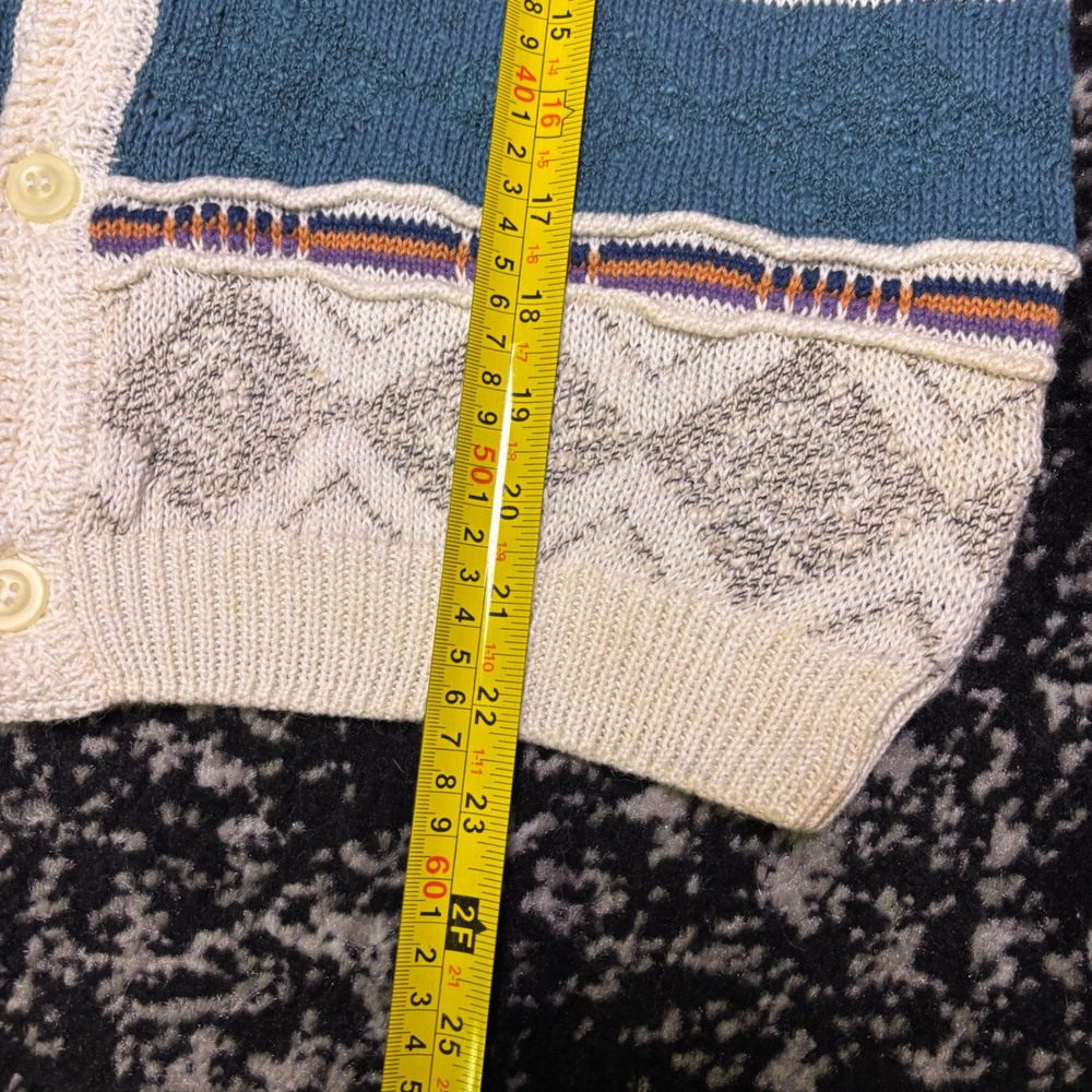 Vintage Concrete Mix Geometric Striped Cardigan Sweater Teal Cream Large - Picture 6 of 6